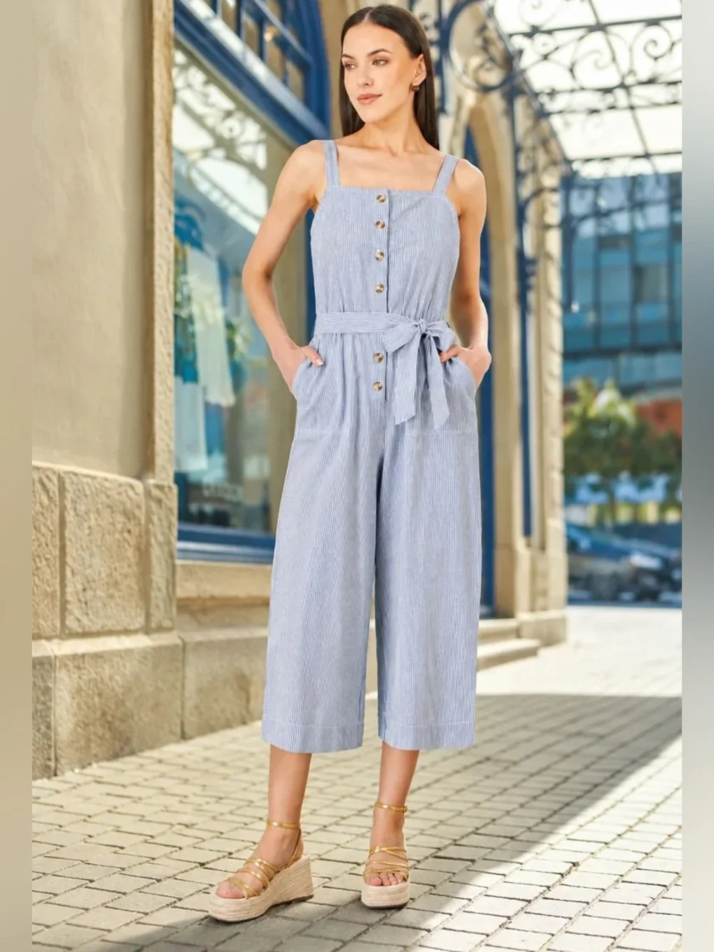 Everlane The Linen Jumpsuit Light Blue White Stripe European Linen Size 6